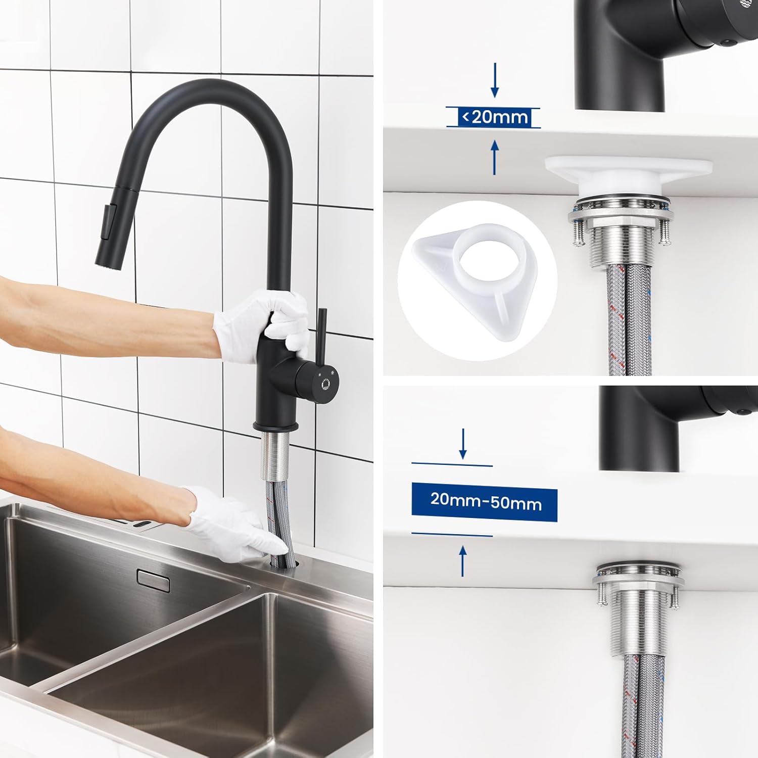 Robinet de Cuisine Professionnel Extensible - Noir Moderne, 2 Jets et Rotation 360° - Installation Facile - 7