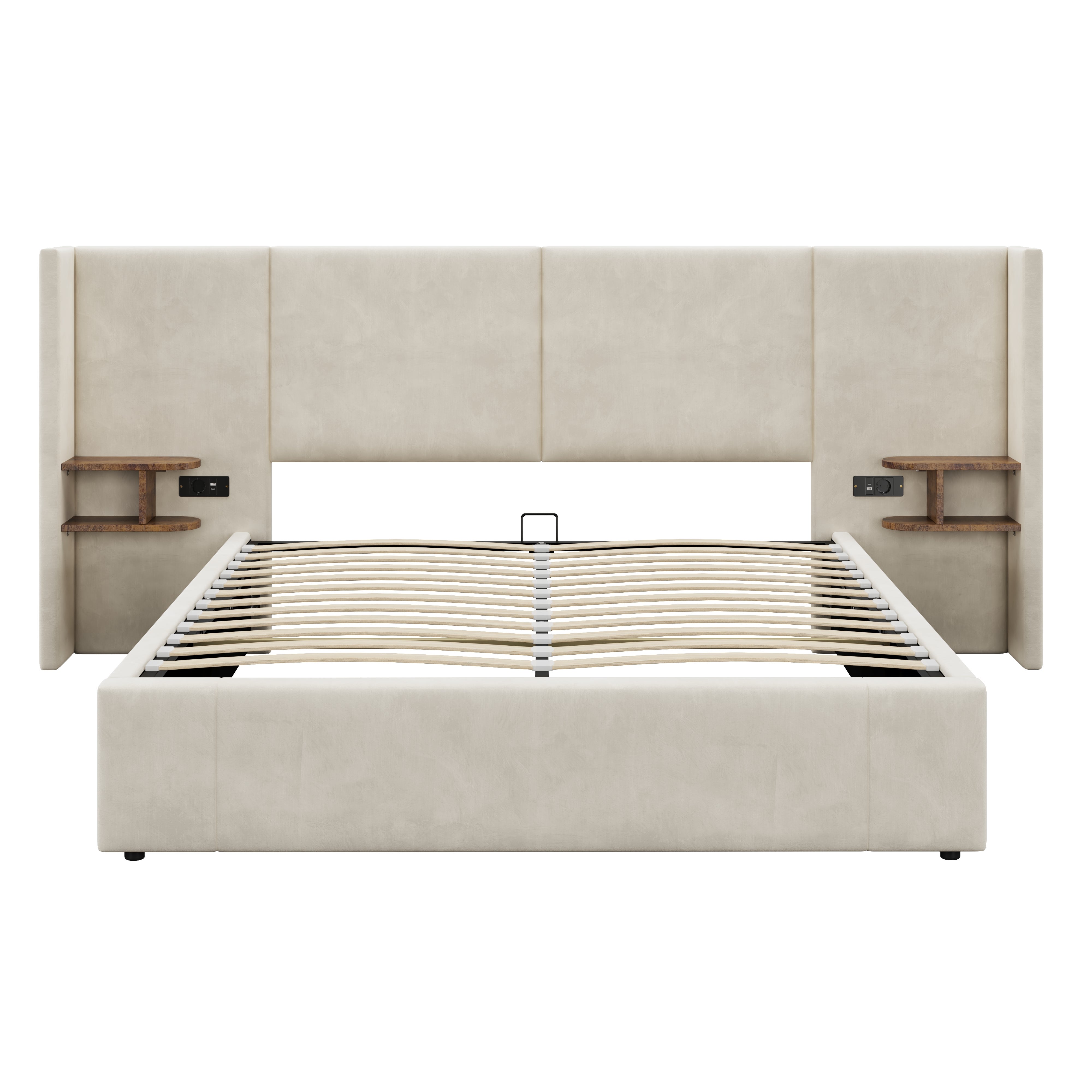 Łóżko z weluru - 160x200cm - z portem USB i 2 szafkami nocnymi - z stelażem na listwy - Beżowe - 6
