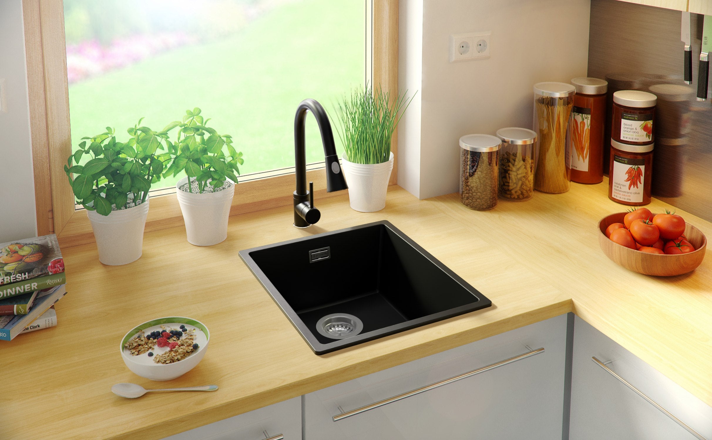 Lavandino da Cucina Nero 41x47cm, Lavello in Granito a 1 vasca + Sifone Classico + Accessori, Lavabo da Cucina Incasso al mobile 45cm PRIMAGRAN - 9