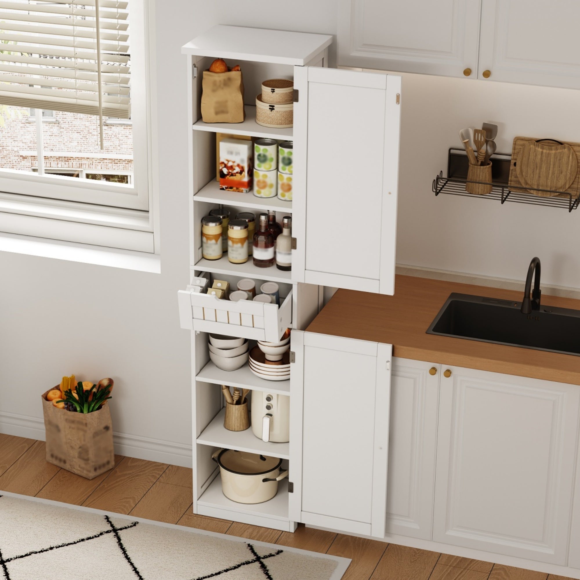 Colonne de rangement avec 2 portes, 1 tiroir et 4 étagères réglables, buffet de cuisine - 40 x 30 x 170 cm - MDF - Blanc - 6