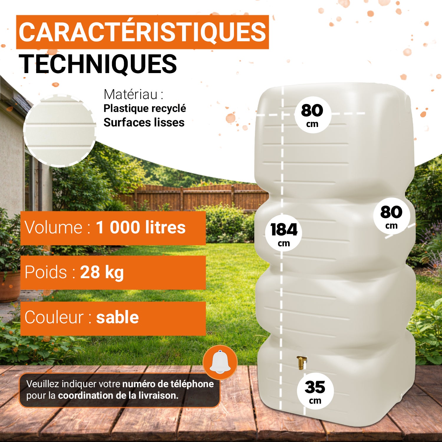 GARANTIA CUBUS Kit 1000 L, sable avec Robinet PE imitation Laiton - 3