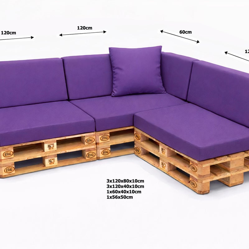 Zestaw 8 poduszek na palety ogrodowe 120×80×10 cm – siedzisko i oparcie 120×40×10 cm, poduszki na meble ogrdowe, fioletowe