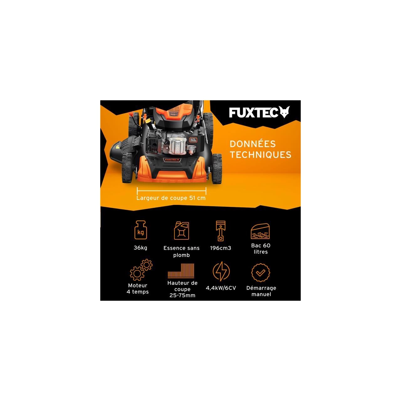 Tondeuse thermique autotractée 196cm3 51cm - FUXTEC FX-RM5196 - 6CV 60L - 2