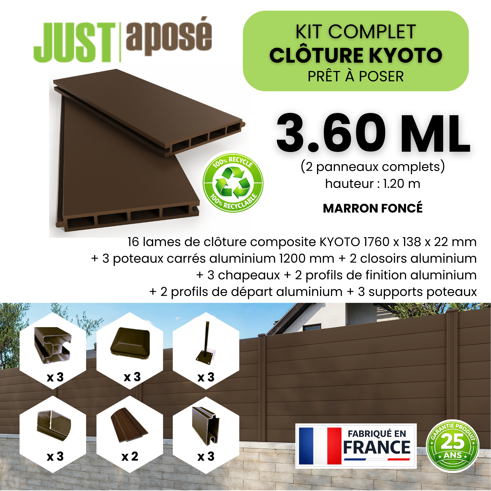 Kit complet clôture composite KYOTO - 2 panneaux complets - 3,60 x 1,20 m - Prêt à poser - Marron foncé - 4