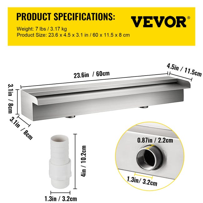 Fontana A Cascada VEVOR Per Piscina In Acciaio Inox Con LED - 23,6x4,5x3,1 Pollici - Foto 12