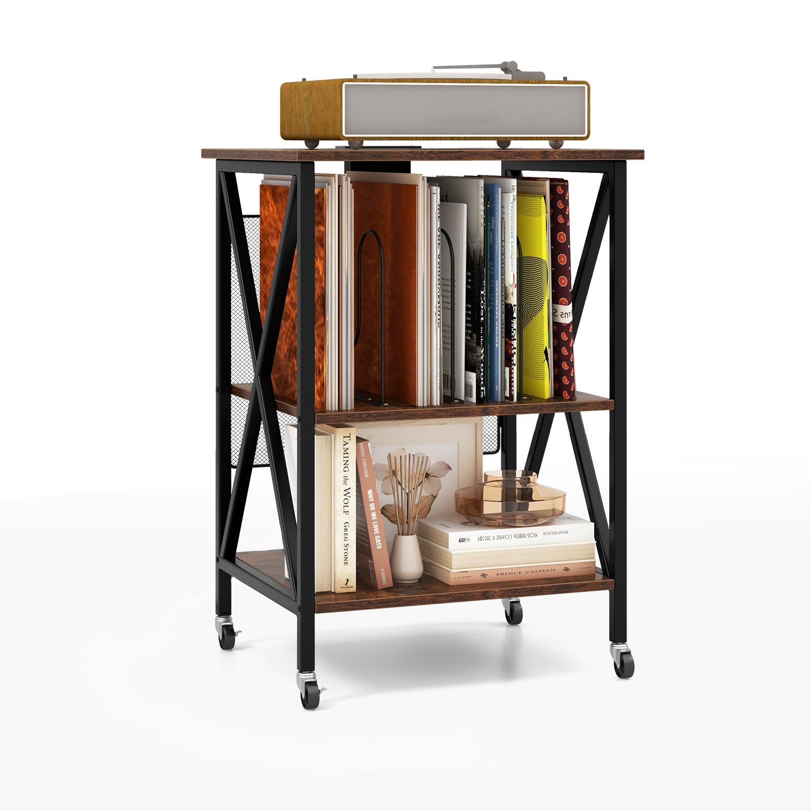 Supporto per Giradischi Grande, Tavolo Porta Dischi in Vinile con Presa di Corrente, Contiene fino a 200 Album, Supporto per Giradischi con Gambe