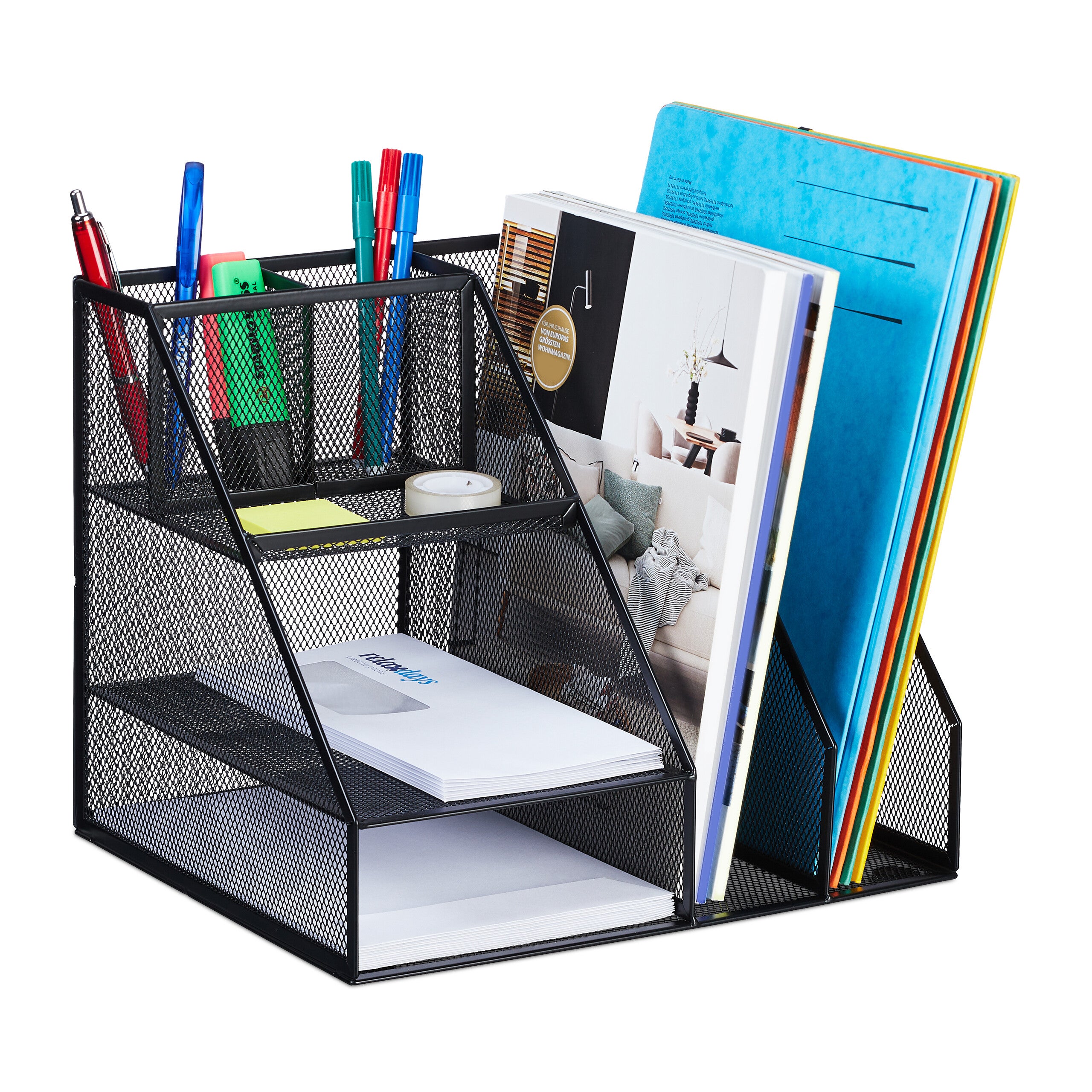 Relaxdays Range-Revues 3 Compartiments Format A4 Design Maille - Organiseur Bureau Noir 31,5x24x29 Cm