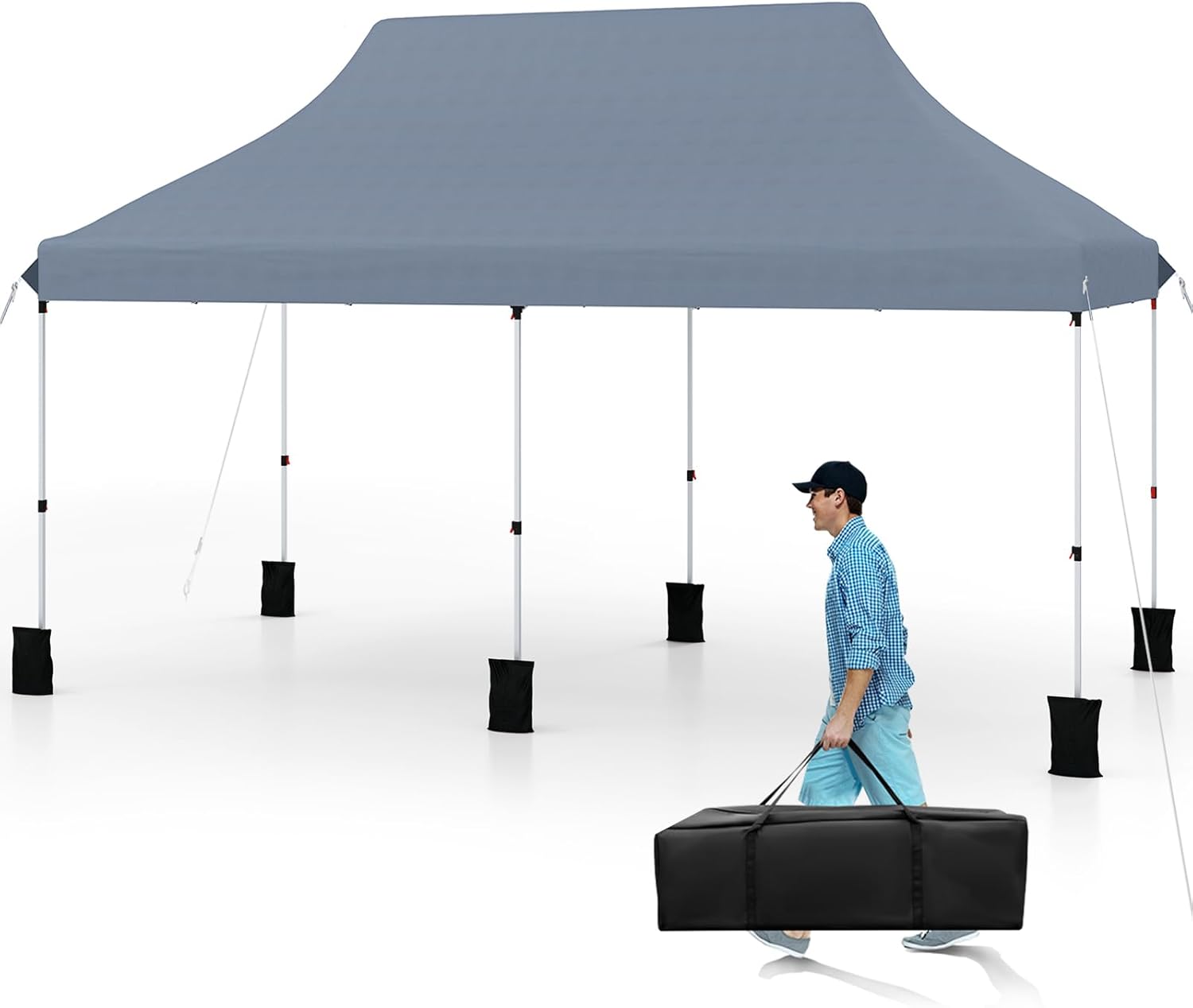 Pavilion de grădină pliabil și retractabil 300x600 cm, cort de petrecere impermeabil, 6 saci cu nisip (gri)