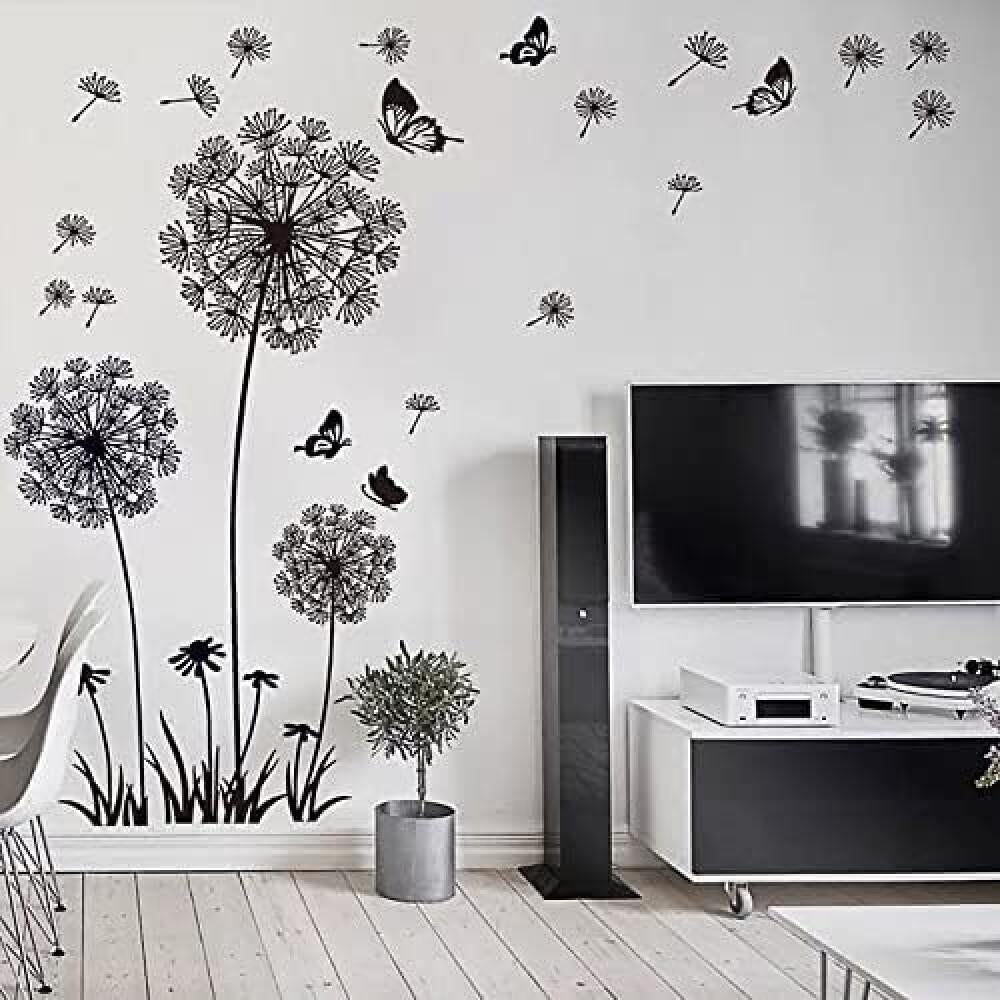Vinilos decorativos FLORES DE DIENTE DE LEÓN negro (165x130 cm) I mariposa plantas rama árbol I vinilo decorativo para salón dormitorio