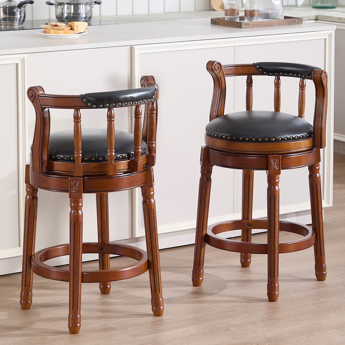 Taburete de bar giratorio de 360°, 66 cm de alto, con respaldo, pu negro, estructura de madera color marfil
