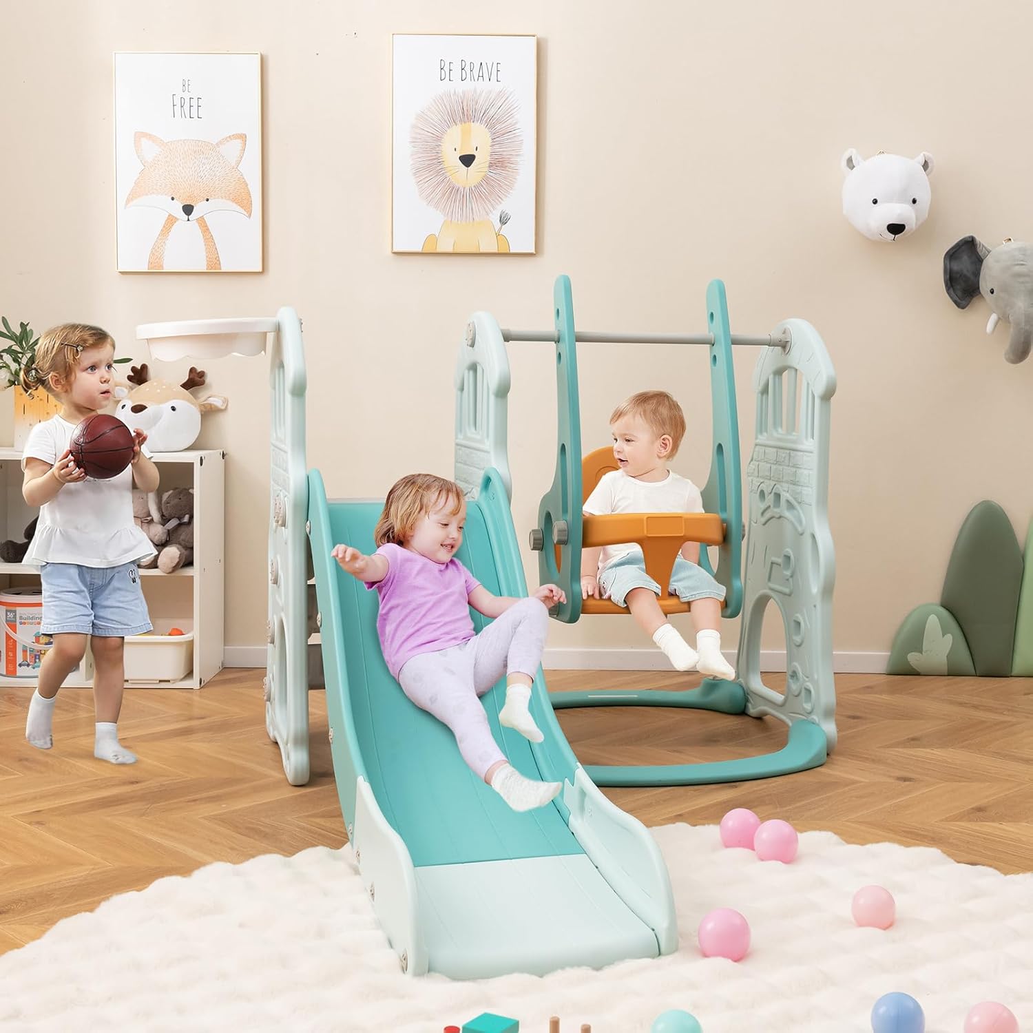 4 en 1 Toboggan Enfant Pliable avec Balançoire Réglable & Panier de Basketball, avec Échelle d’Escalade & Ballon, Charge 30kg pour 18 Mois+ - 9