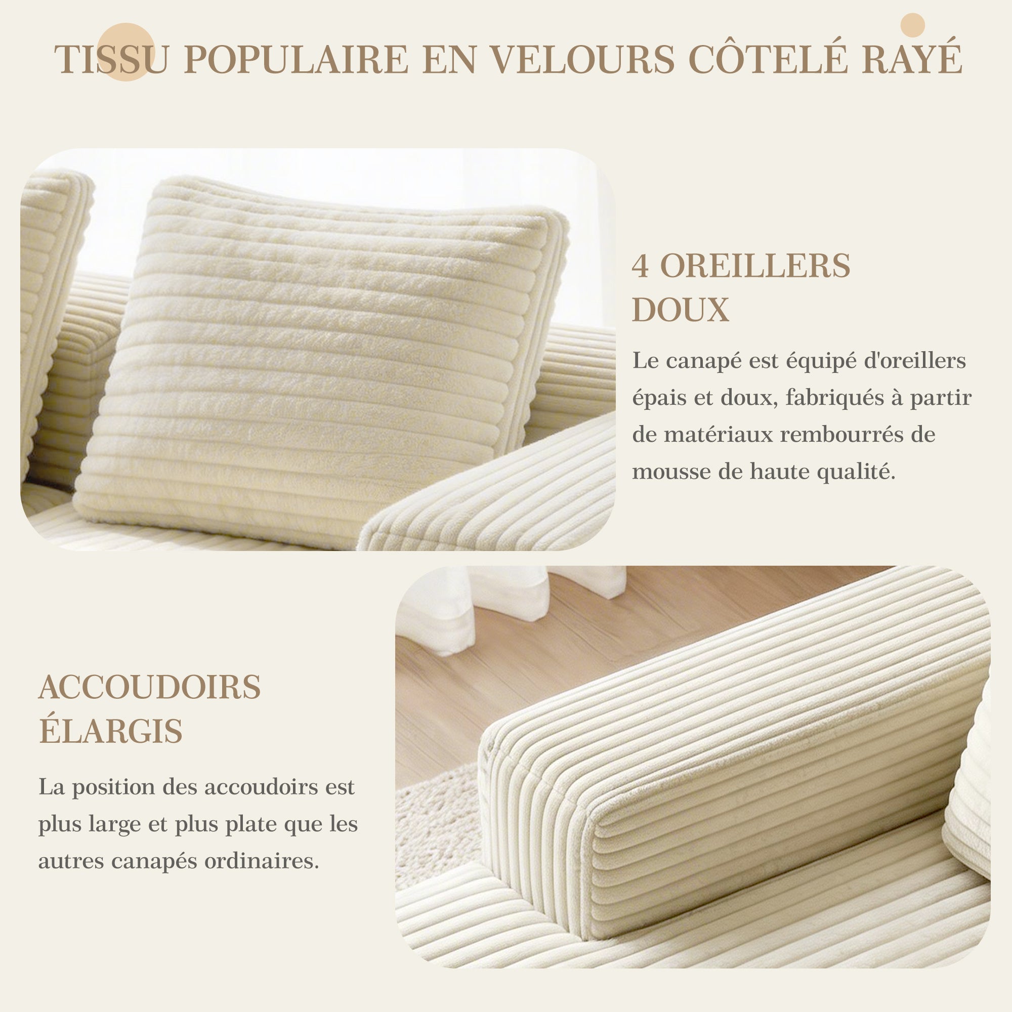 Canapé d'angle 4 places en L moderne, canapé modulable avec méridienne, en velours côtelé moelleux. 261x 168 x 58 cm Sans Assemblage, beige - 7