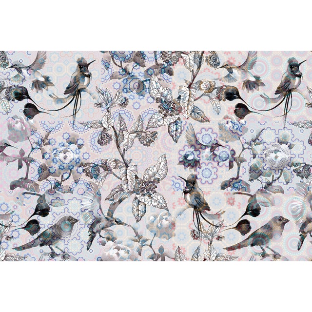 Papier peint panoramique gris pour salle de bain Tapisserie panoramique oiseaux et motifs colorés Papier peint panoramique floral