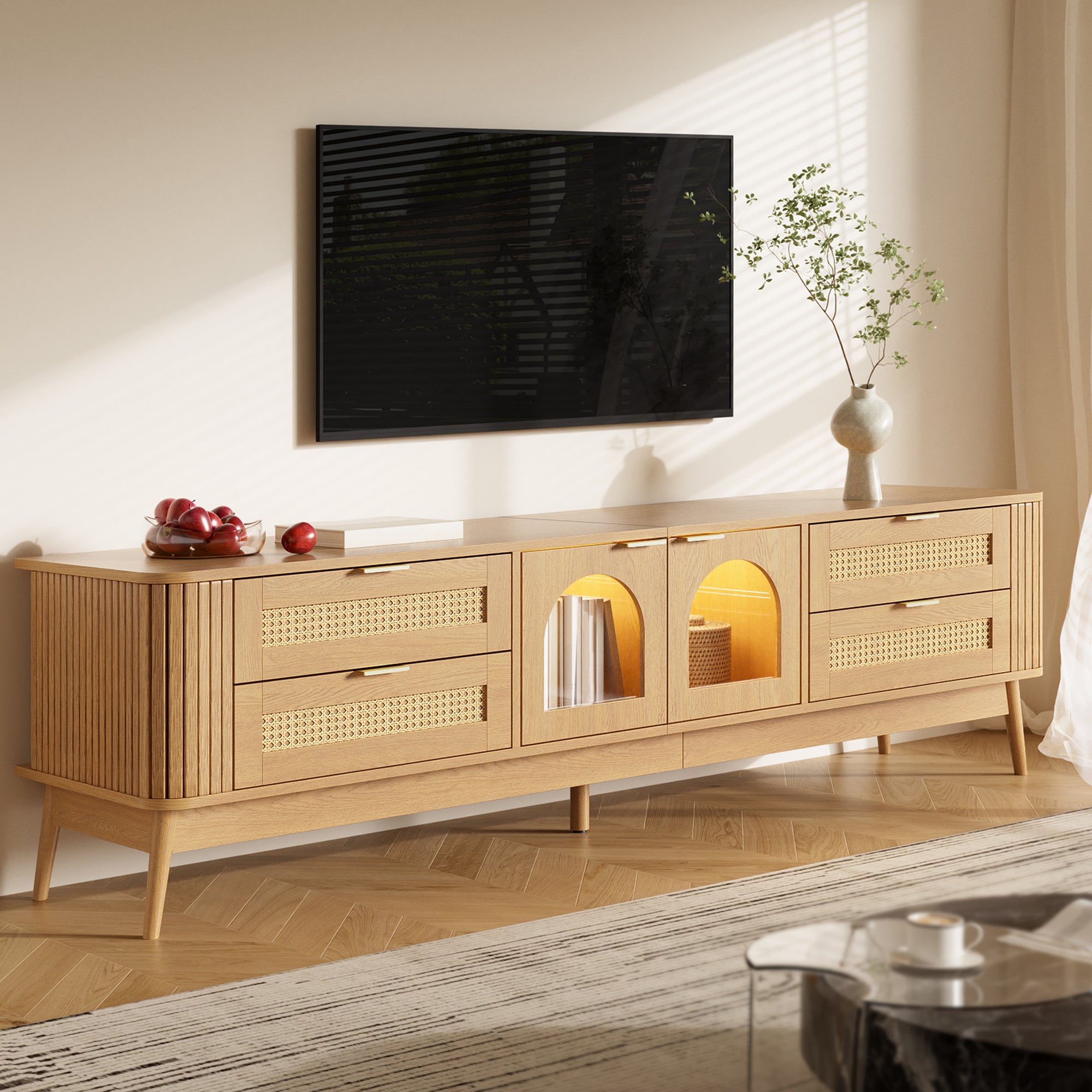 Meuble TV portes verre trempé bombé, LED app, pieds bois massif | Leroy ...