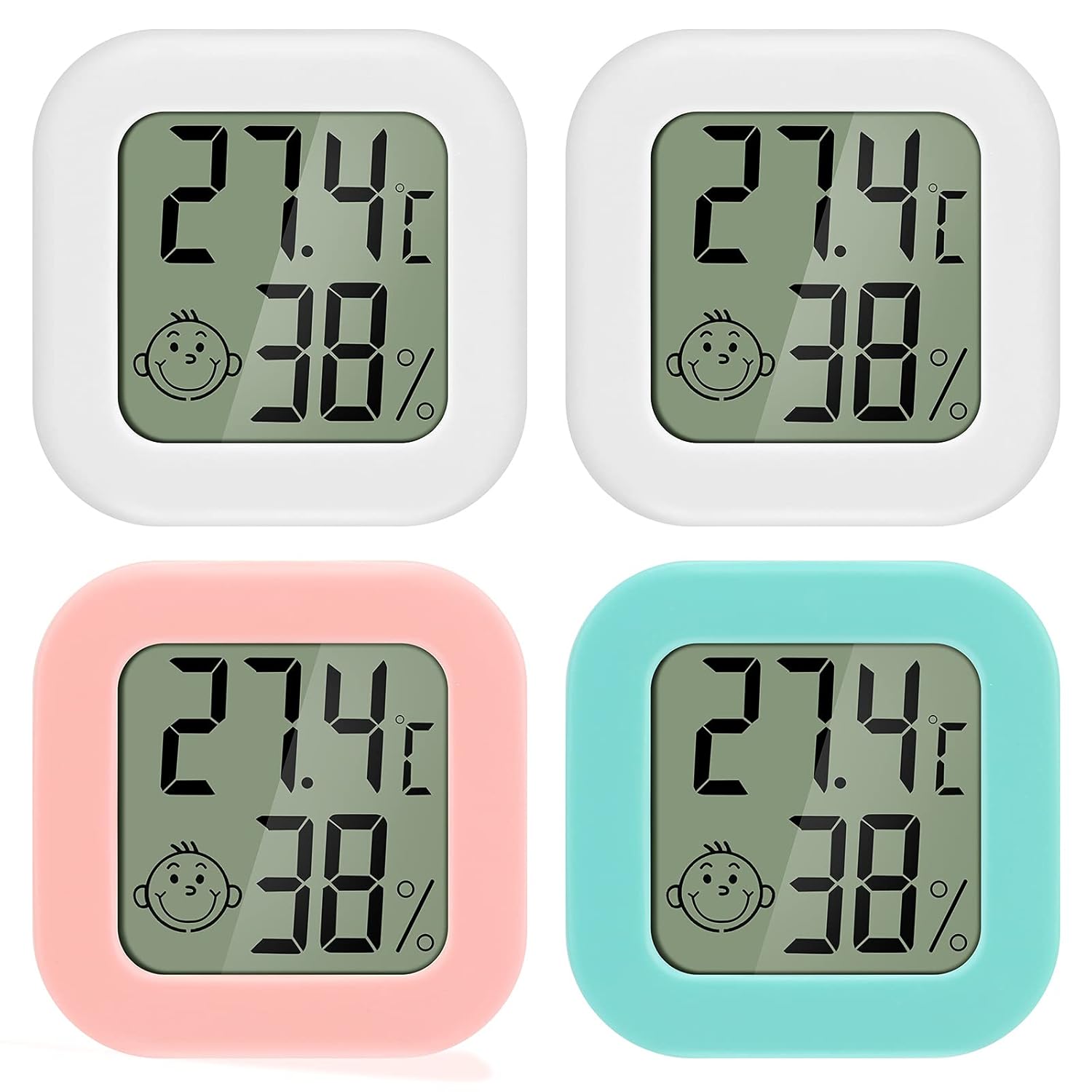 Miniaturowy, cyfrowy termometr-higrometr LCD do użytku wewnętrznego (zestaw 4 sztuk) ze wskaźnikiem poziomu komfortu. Wysoka dokładność i poręczność,