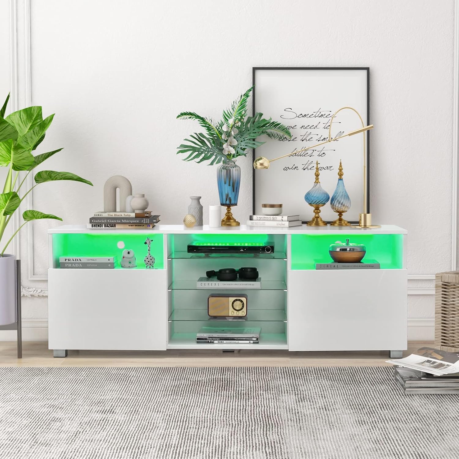 Meuble TV COSTWAY Avec LED - Pour TV 65", 20 Couleurs, Étagères Verre Réglables