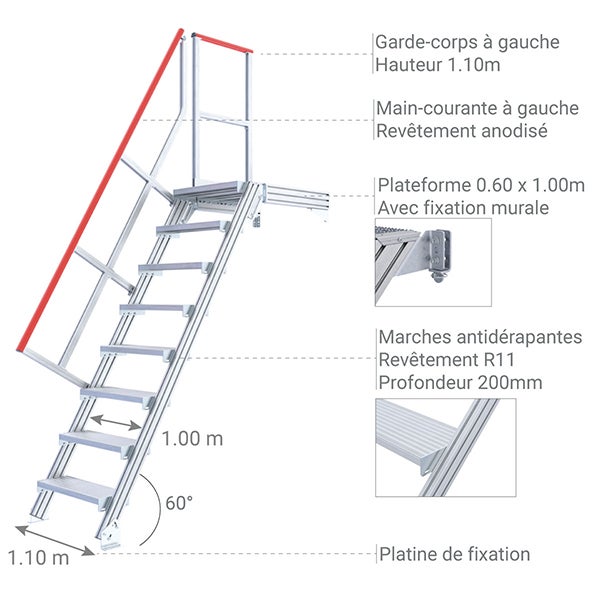 Escalier industriel 9 marches - Hauteur à franchir 2.25m - Inclinaison 60° - Main-courante à gauche - 22201009 - 3