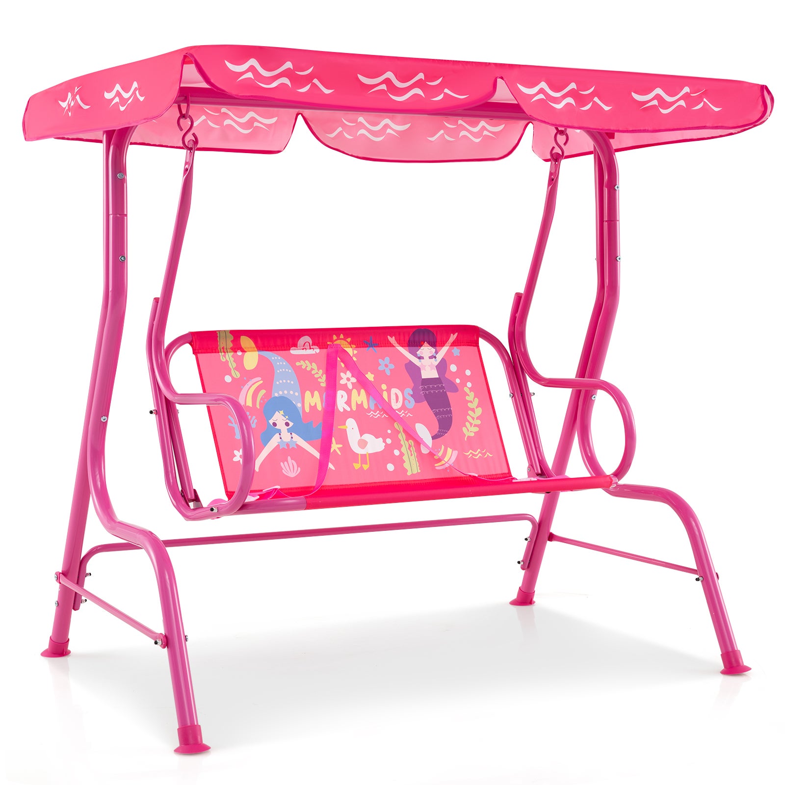 Leagăn de terasă cu 2 locuri pentru copii de peste 3 ani, cu suport metalic, copertină reglabilă, centuri de siguranță, 112 x 76,5 x 111 cm, roz