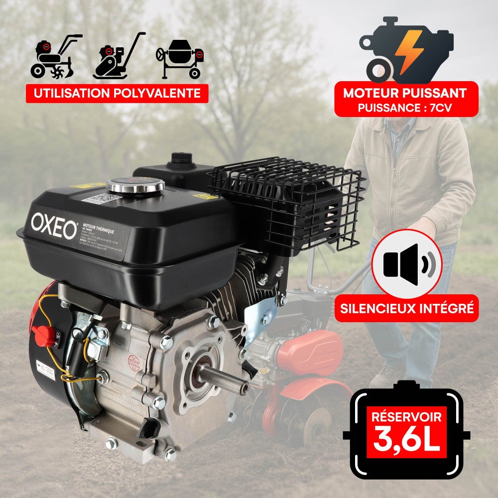 Moteur thermique 4 temps 7CV - 210cm³ - Moteur OHV monocylindre arbre 19.05mm - 3600 tr/min - Alerte huile - Refroidissement air - 3