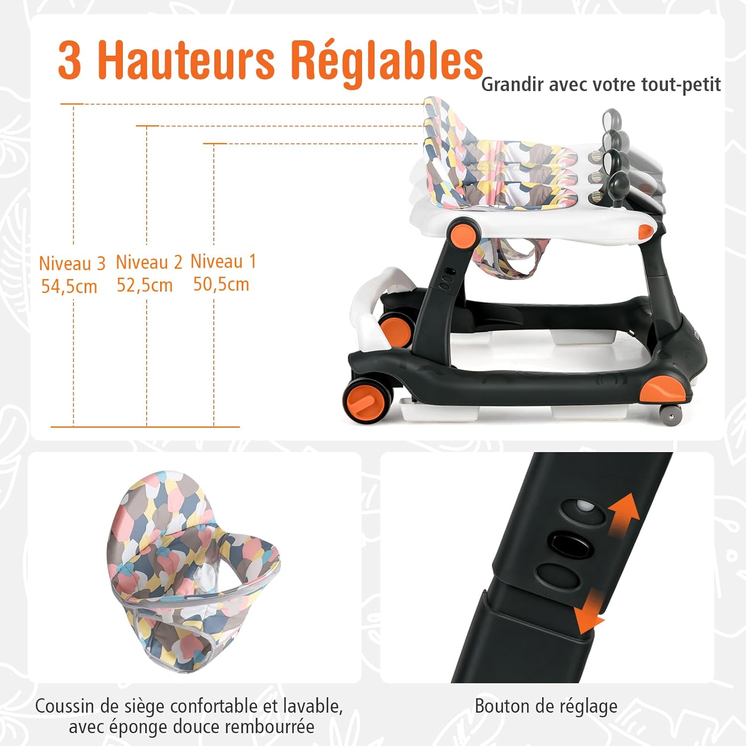 Trotteur Bébé 6-18 Mois, Trotteur Marche Bébé Evolutif 2 en 1, Pousseur Pliable avec Lumière et Musique, Hauteur Réglable en 3 Positions(Noir) - 3