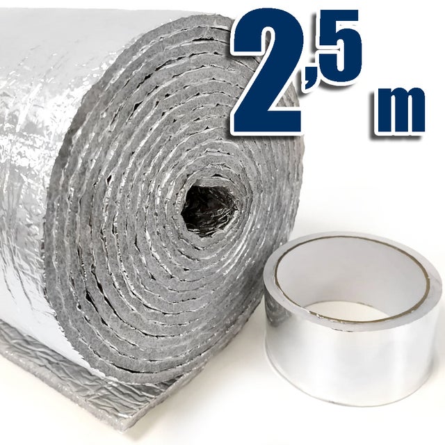 Isolant thermique réfléchissant avec aluminium et mousse (2,5 m x 60 cm) + ruban aluminium 10m - Isolation pour caravanes, maisons, radiateurs...