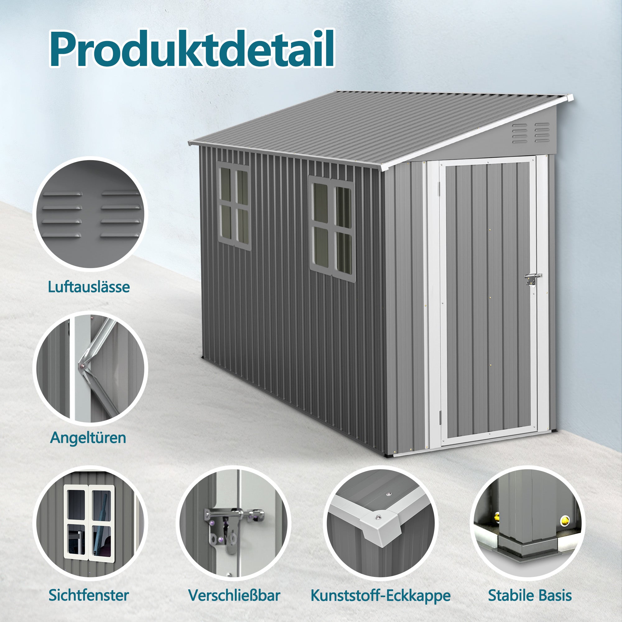 Caseta de jardín exterior3,2 m² /291x110x188 cm con kit de suelo – Caseta para herramientas con 2 puertas+ 2 ventanas,Cobertizo Metálico - Gris - 7