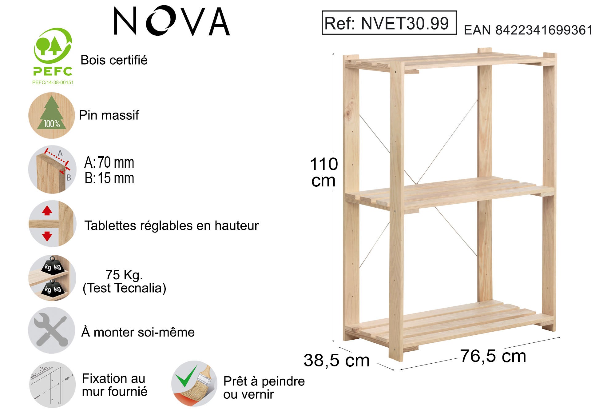 Bibliothèque en Bois Beige H. 9.5 x l. 37 x P. 110 cm - 4
