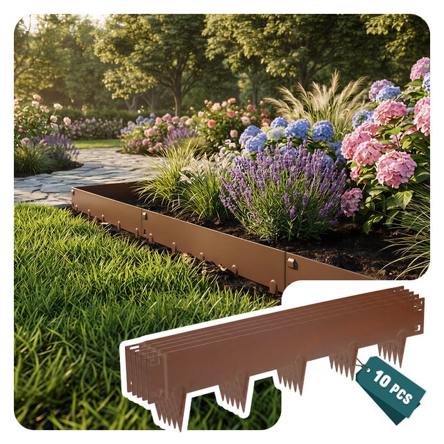 Lot de 10 Bordure de jardin en métal galvanisé 106x18cm marron - épaisseur 1.5mm - clôture flexible et résistante 10M - VOUNOT®
