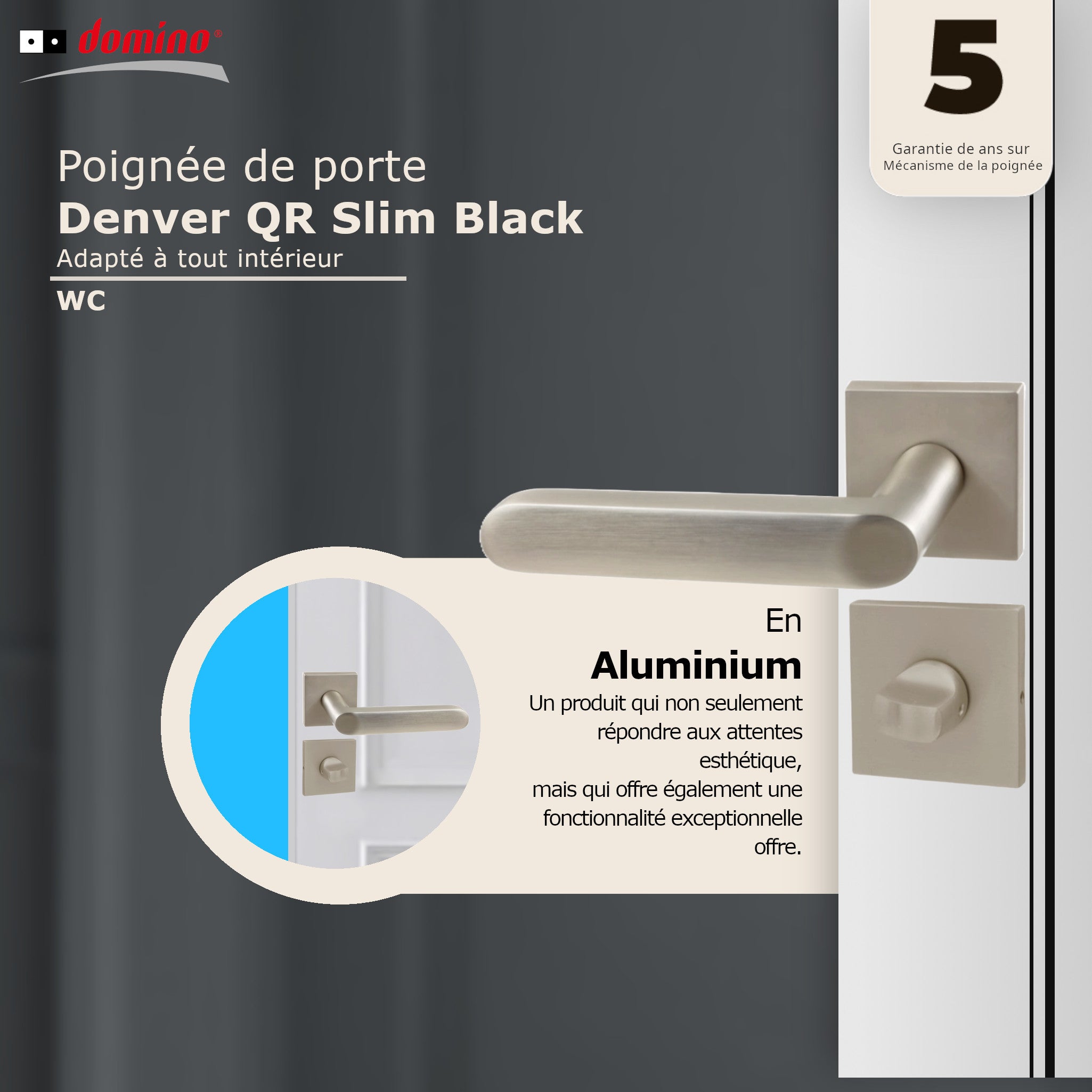 DOMINO Poignée de porte DENVER-QR slim Nickel Satin WC Poignée avec rosace WC Nickel satiné - 5
