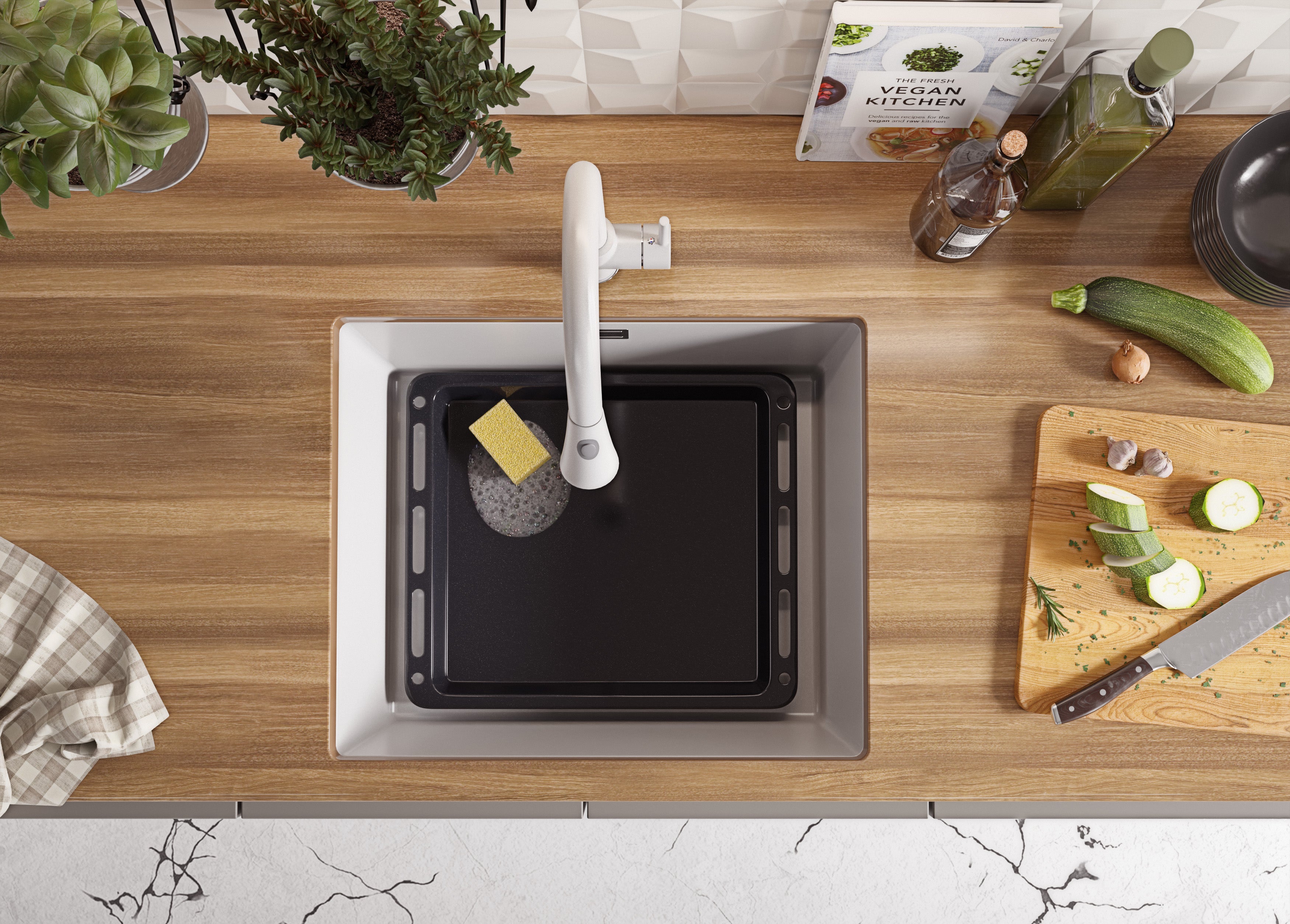 Lava-louça de encastrar Todo Branco 56x47cm, Pia de Cozinha 1 cuba + Kit de drenagem, Pia em Granito em armários de 60cm - Londres PRIMAGRAN - 4