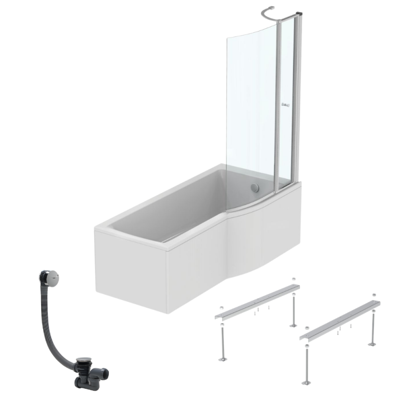 Ideal standard connect air 170 x 80 cm, conjunto para bañera/ducha derecha + delantal + mampara con tapa + patas + desagüe cromado