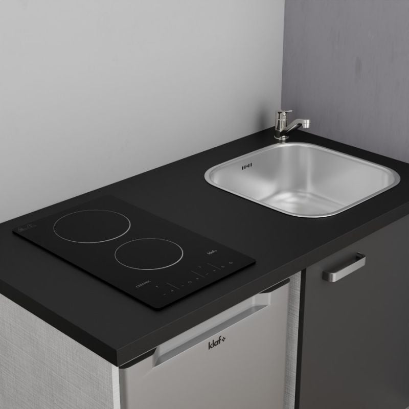 Kitchenette K02L-PT - 120 cm avec plan de travail et évier - Façade Gris - Plan Noir texturé - Evier Inox - Crédences Non - 3