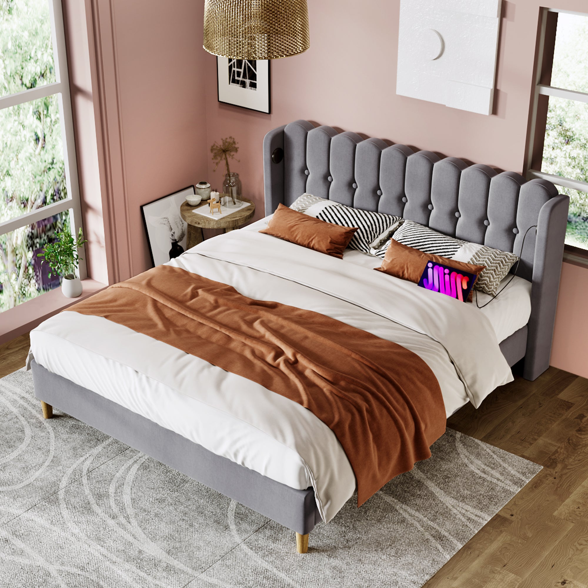 Lit double Lit rembourré 160 x 200 cm avec chargement USB Type C et sommier à lattes, lin, gris, matelas inclus - 8