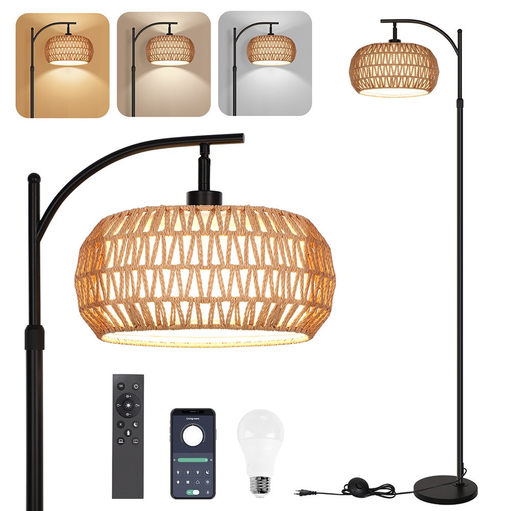 Lampada Ad Arco Da Salotto Con 3 Temperature Colore (3000K/4000K/6500K), Lampadina E27 12W Inclusa, Paralume Lino, Interruttore A Pedale, Dimmerabile, Per Lettura E Relax