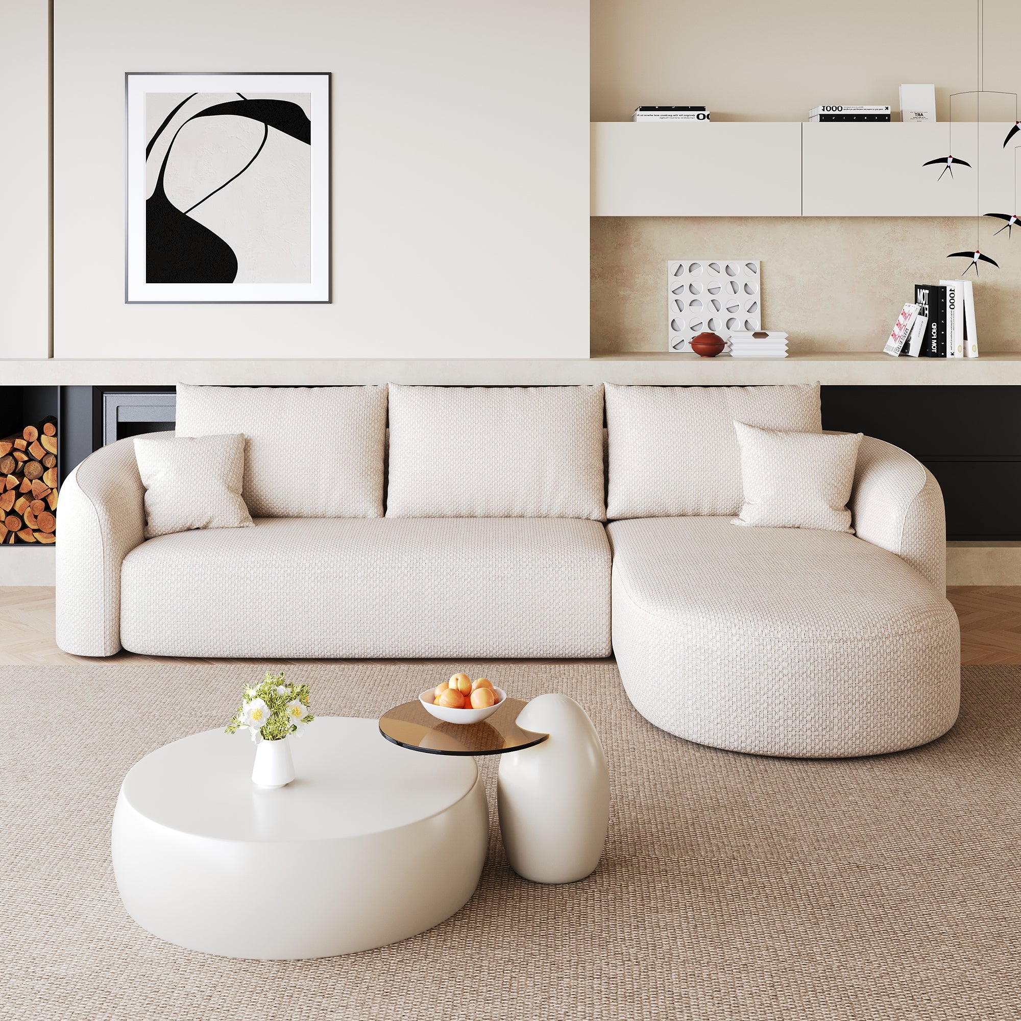 Canapé d’angle 4 places avec mousse haute densité et sans montage, canapé salon avec assise confortable, en tissu chenille blanc, 266x168x85 cm - 3