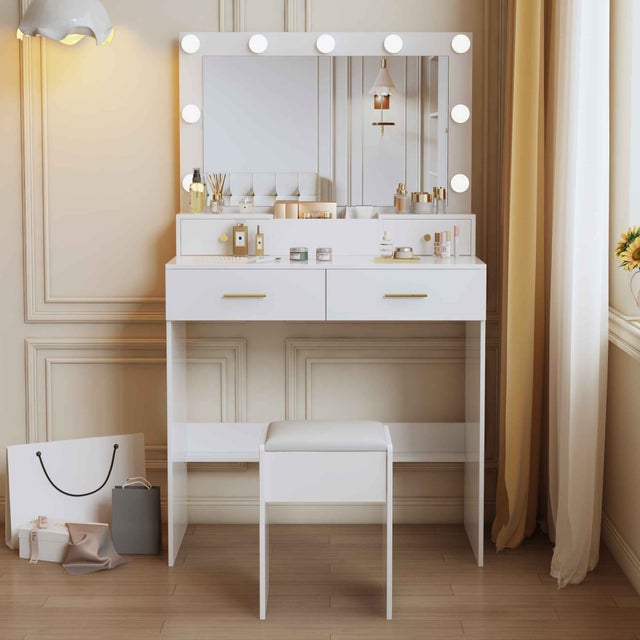 Coiffeuse avec miroir LED 9 lampes, 3 modes d'éclairage, rangement compartimenté, tabouret rembourré et poignées dorées – 137x80x39 cm