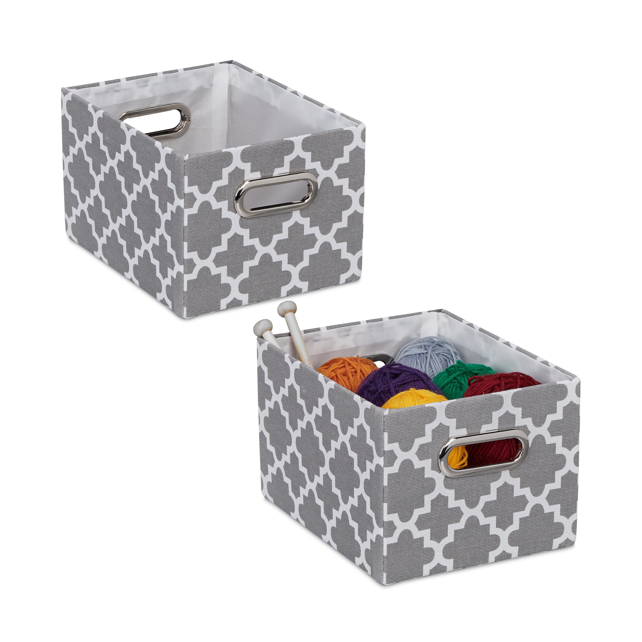 Relaxdays cajas de almacenaje estampado marroquí set de 2, asas, 16 x 20 x 25 cm, rectangulares, sin tapa, gris y blanco