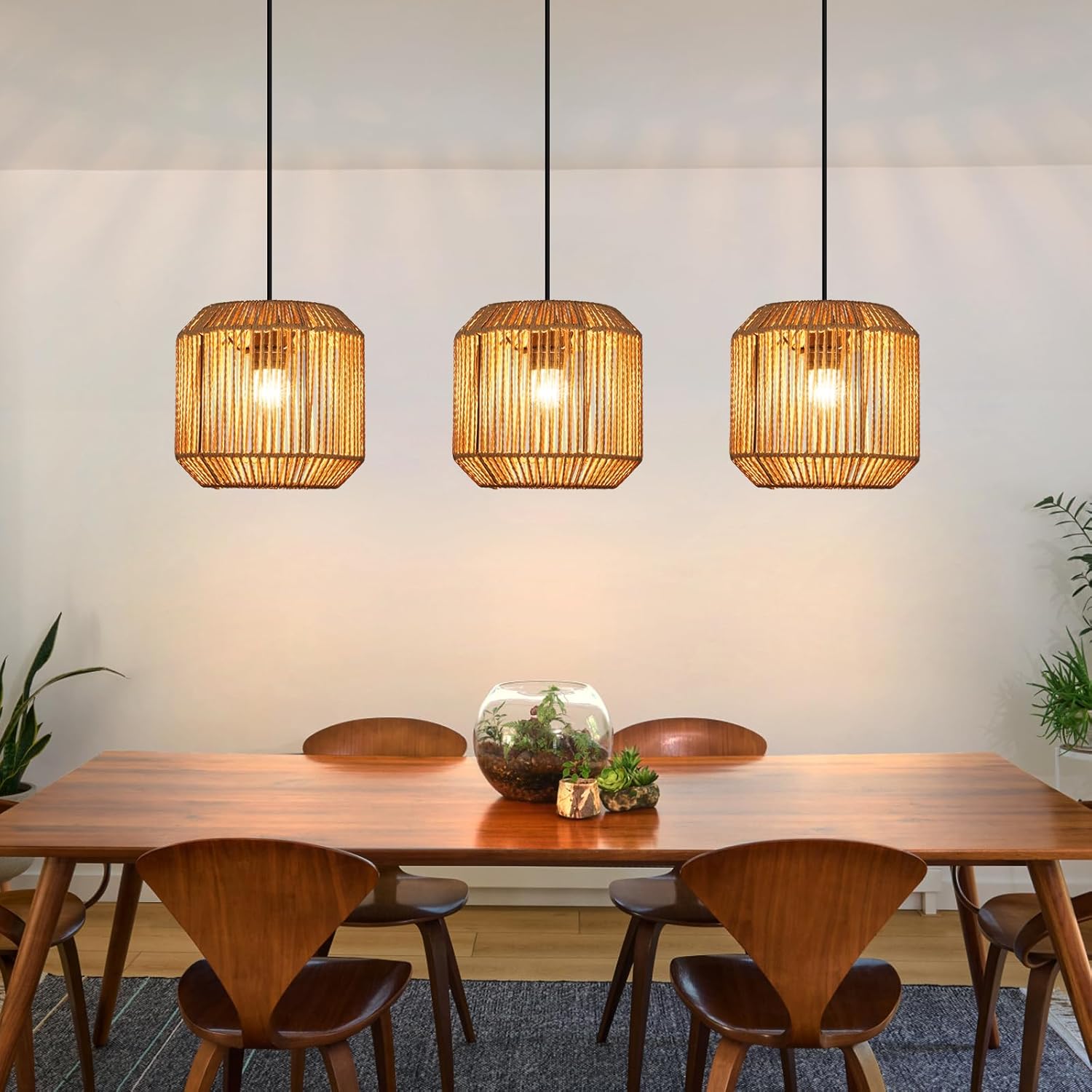 ZMH Wisząca lampa w stylu vintage z trzema źródłami światła, wykonana z drewna i rattanu (żarówka nie jest dołączona)