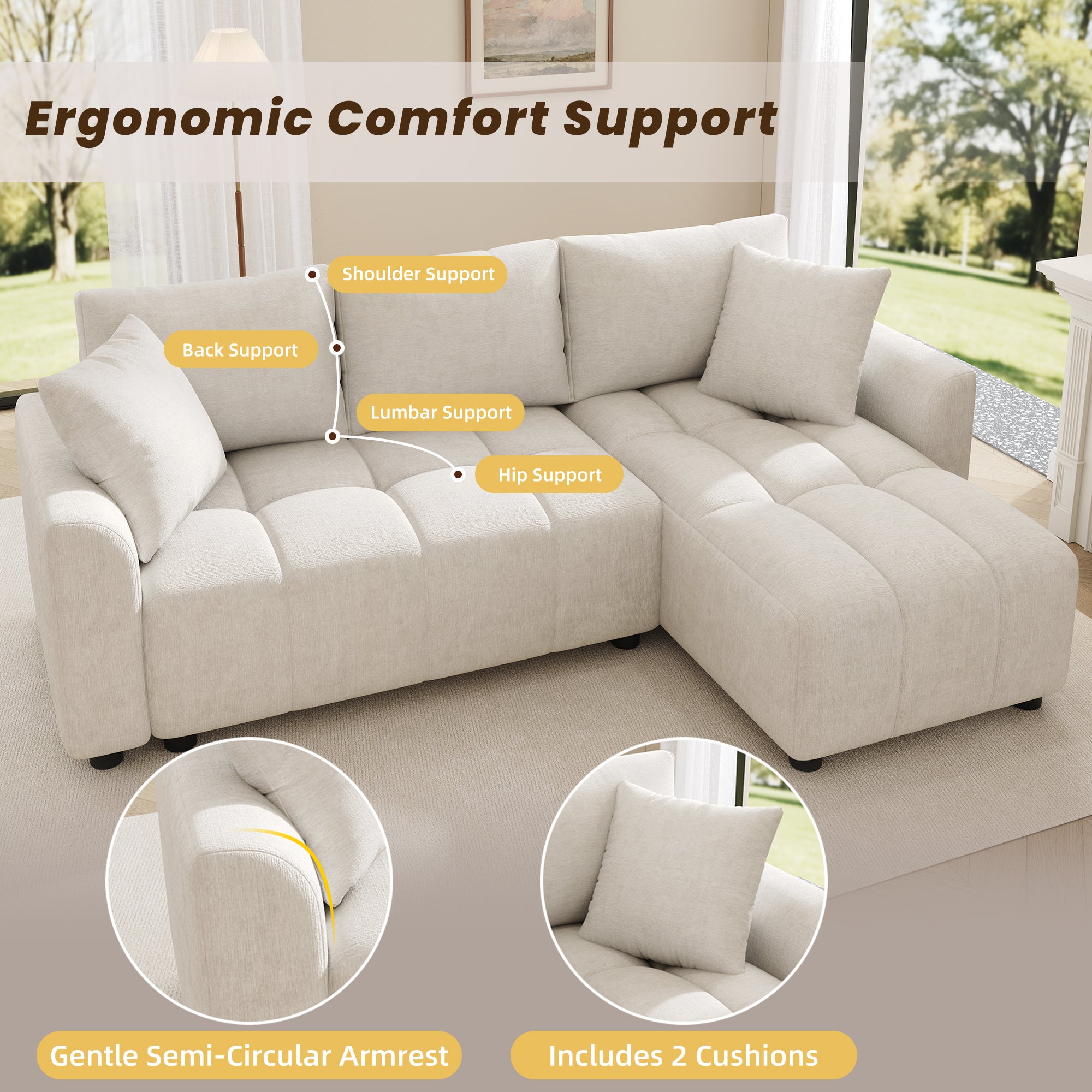 Canapé d’angle modulable 3 places avec méridienne et coussins canapé de salon en chenille beige 204x127x82,5 cm - 9