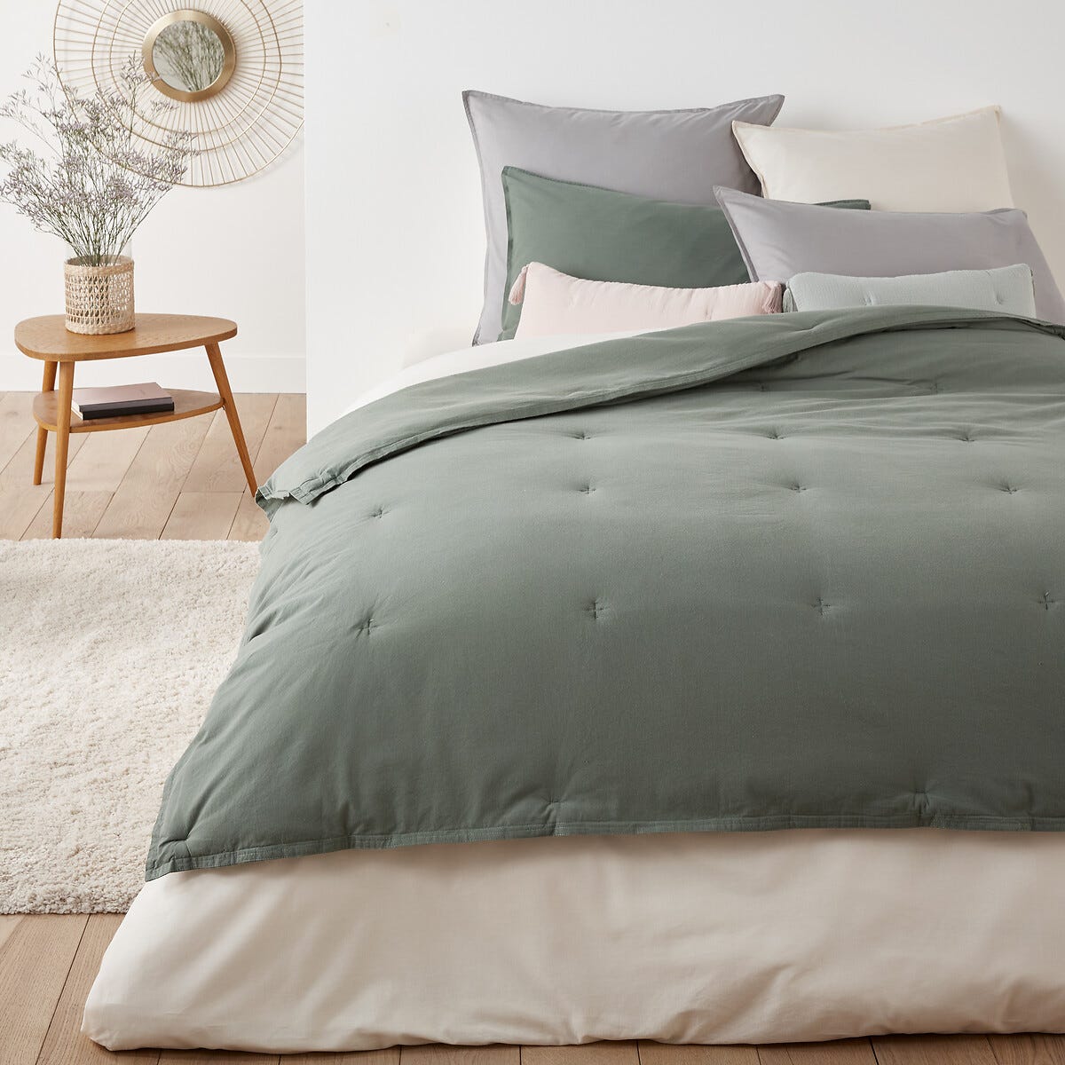 Edredon matelassé en coton lavé, Dojo - Vert eucalyptus - 150 x 150 cm ...
