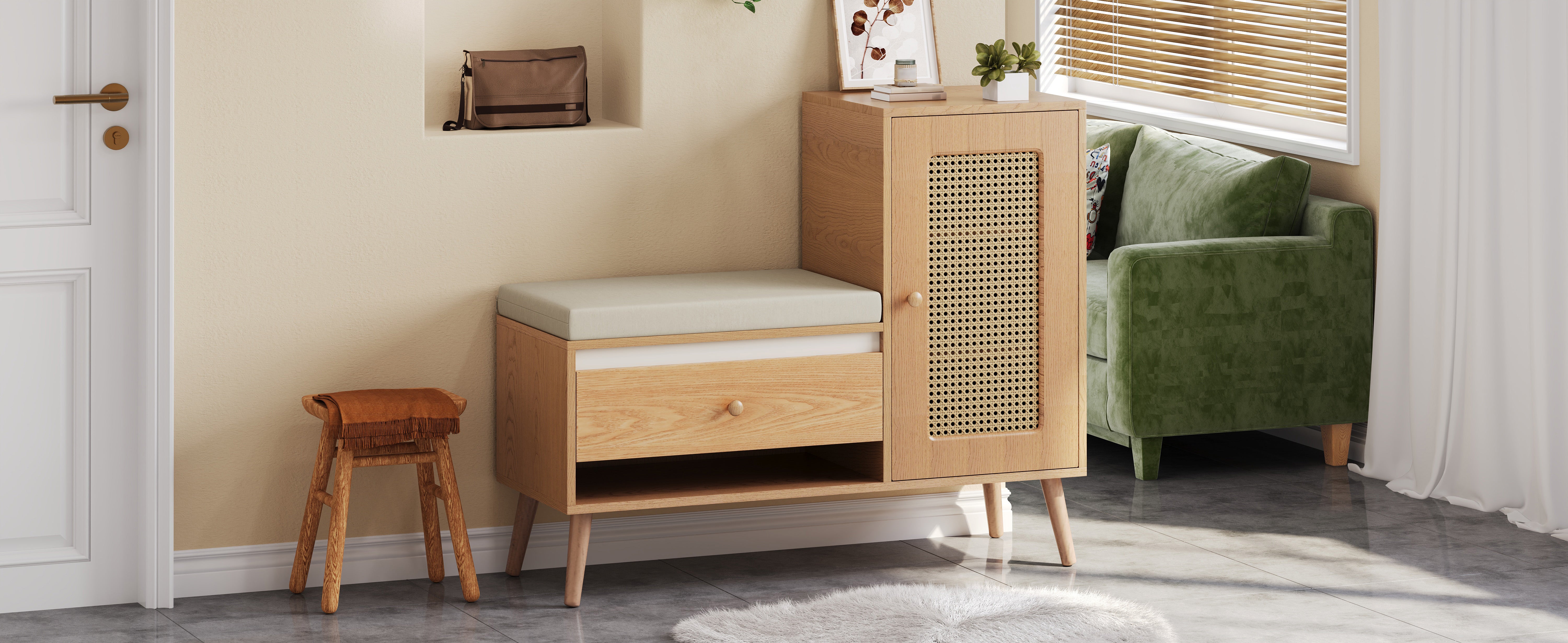 Banc d'entrée en rotin avec coussin, étagère à chaussures, tiroirs, compartiments ouverts et porte. Multifonctionnel pour l'entrée. - 7