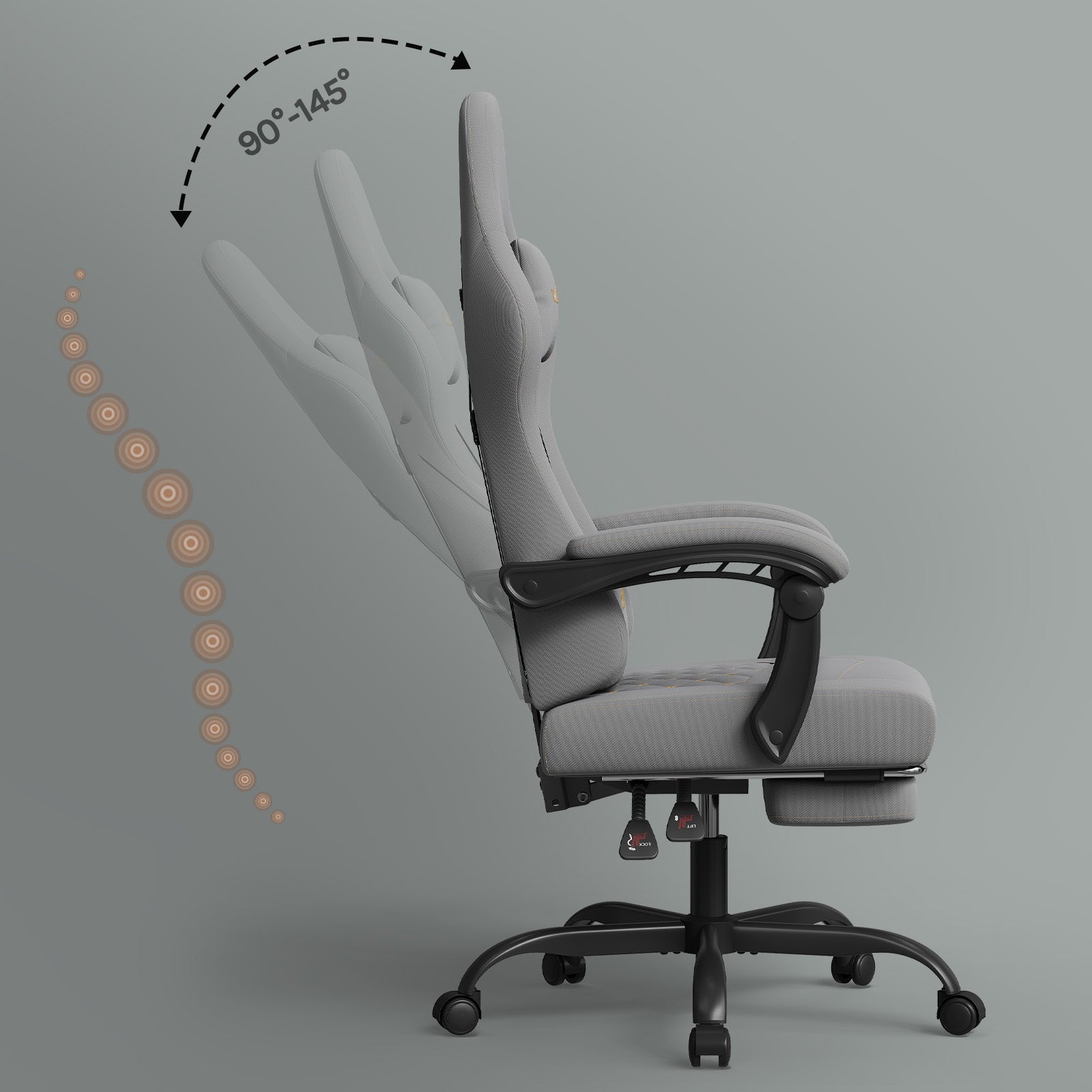 WOLTU Chaise Gaming Massante，Fauteuil Gamer，Chaise Ergonomique，Appui-tête，Repose-Pieds，Charge 150kg，Tissu Maille，Gris+Jaune - 5
