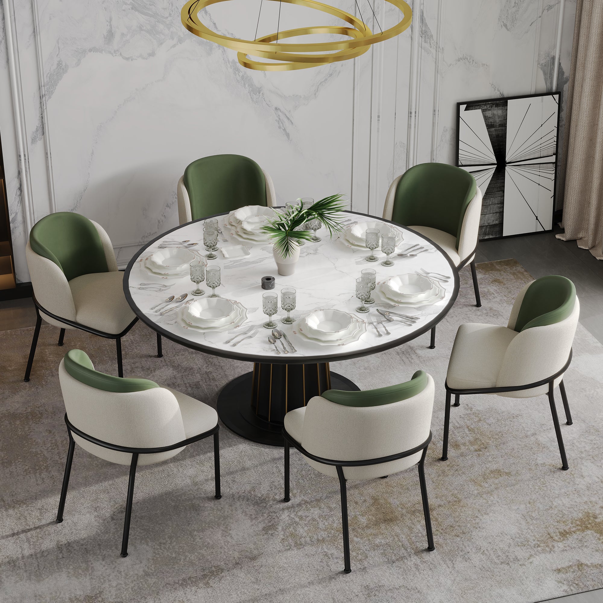 Komplet 6 krzeseł do jadalni z podłokietnikami - 55 x 55 x 85 cm - Len i skóra ekologiczna, nogi metalowe w kolorze czarnym - Beż i zieleń