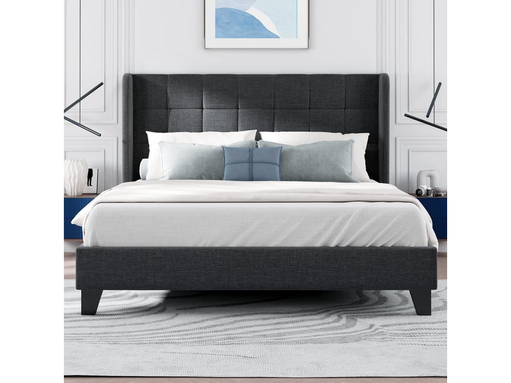 Łóżko tapicerowane z lnu - 140x200cm - z wezgłowiem i stelażem na listwy - Szare - 2