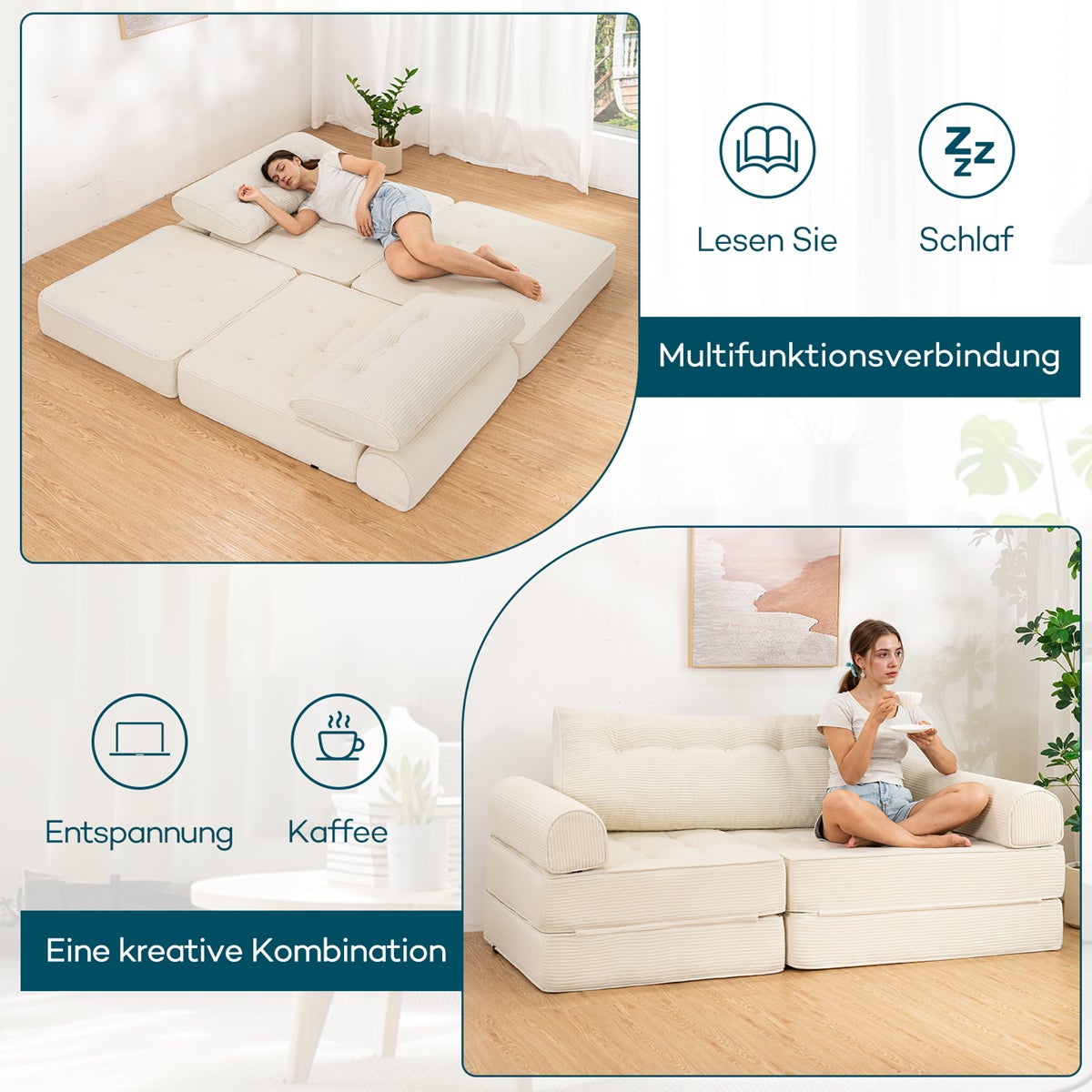 Canapé Convertible 3-en-1, Lit d'appoint avec Coussin, Fauteuil-Lit, Canapé Lounge Confortable pour Chambre et Salon, Blanc - 5
