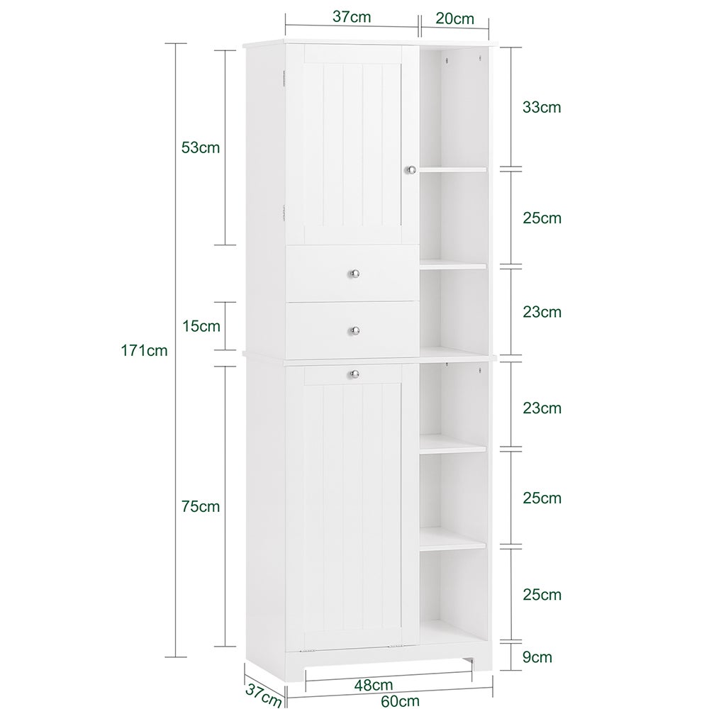 SoBuy Columna de Baño, Armario Alto con 2 Puertas y 2 Cajones, 6 Estantes y 1 Cesto para Ropa, Blanco, BZR104-W - 3