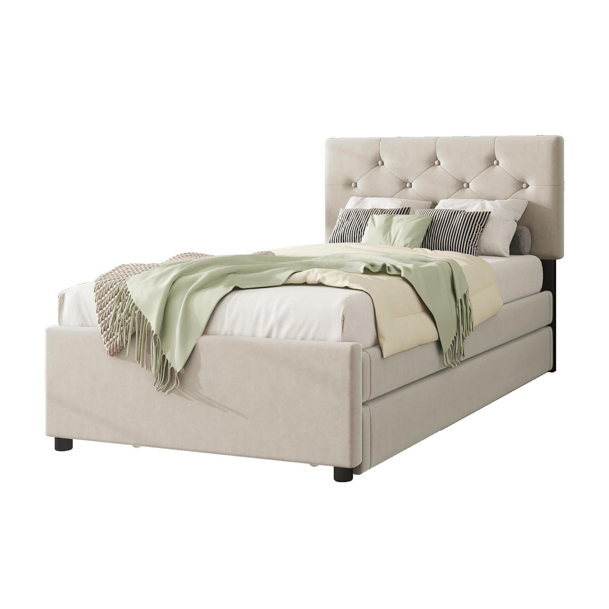 Lit simple 90x200cm en velours - avec un lit gigogne - avec sommier à lattes - Beige (matelas non inclus) - 3