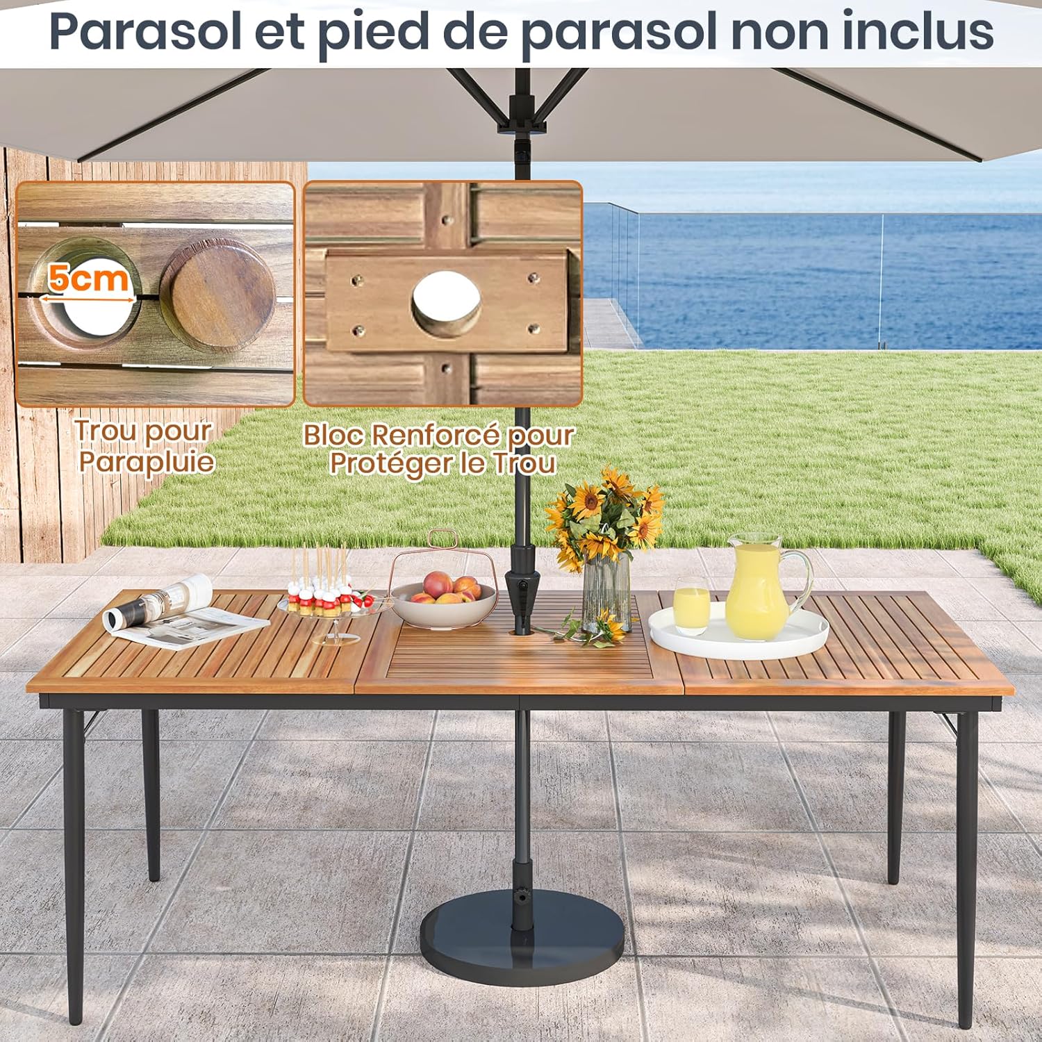 Table de Salle à Manger Jardin 8 Personnes en Bois d'Acacia-FSC, Table de Jardin Exterieur avec Trou Parasol de 5 CM, Plateau à Lattes, 200 x 90 cm - 5