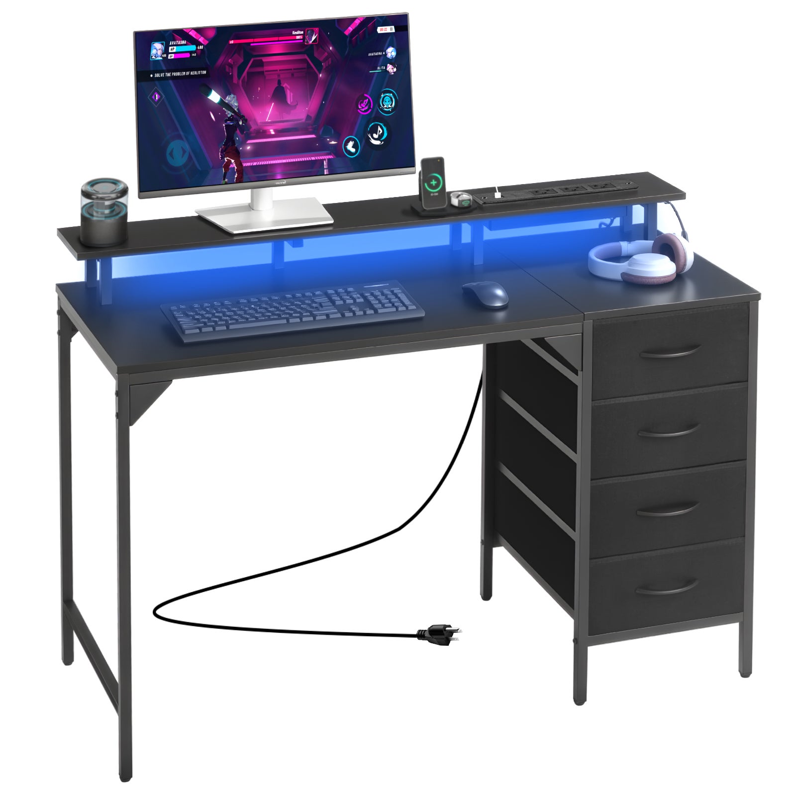 Biurko komputerowe VEVOR z szufladami LED RGB listwa zasilająca 120 cm blat stalowa rama do pracy i gier