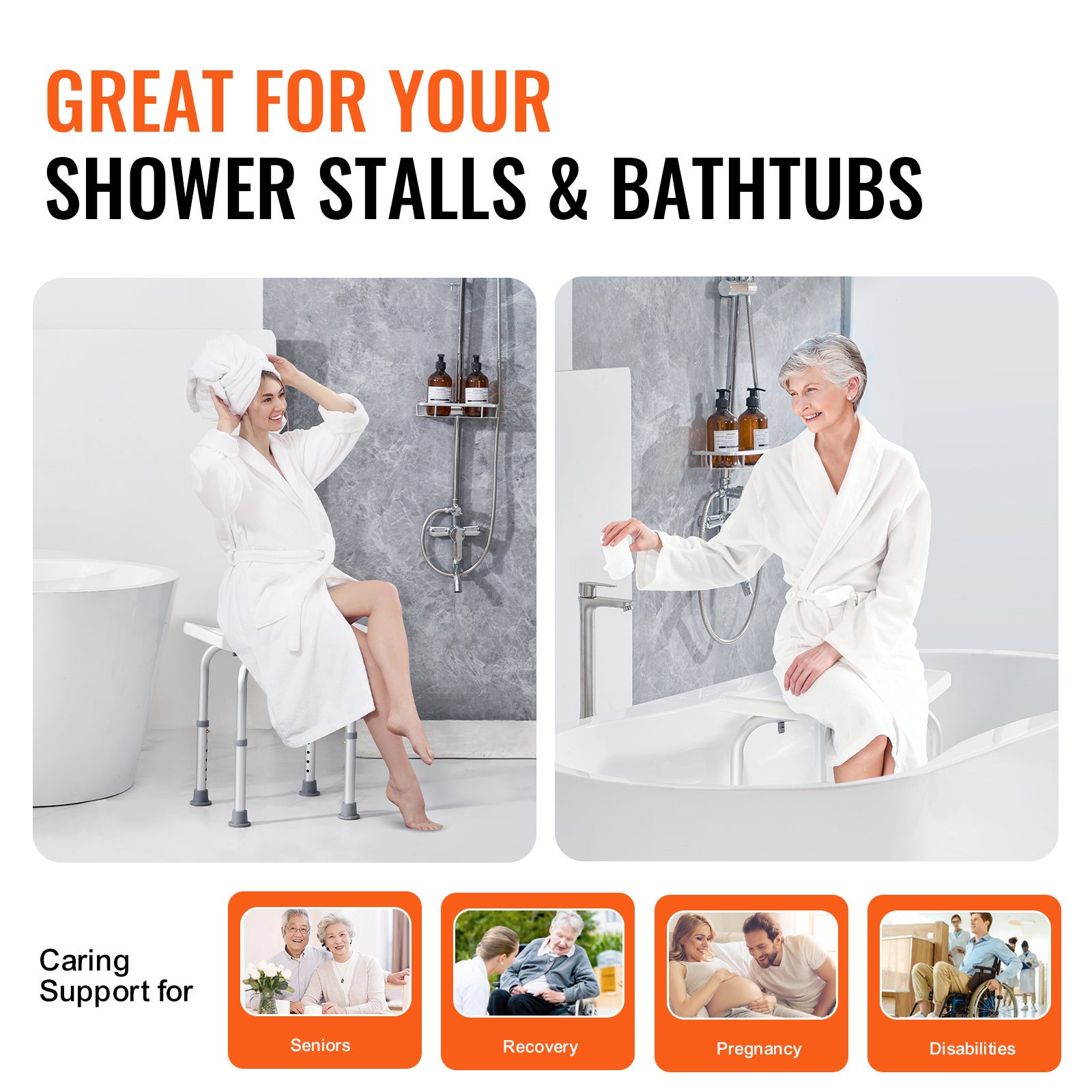 Chaise de douche réglable SucceBuy en hauteur avec poignées intégrées, banc antidérapant, tabouret de baignoire, supporte 158,8 kg - 7